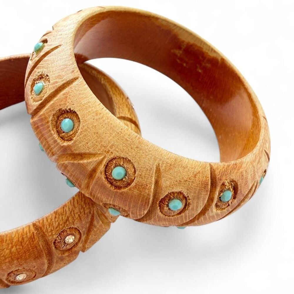 Vintage 70s Boho Carved Wood Bangle Set - Made in India - Picture 3 of 8